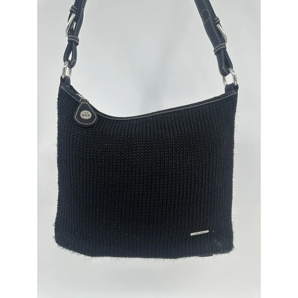 The Sak Handbag Purse Black‎ Woven Medium Adjustable Strap Logo Lined Shoulder